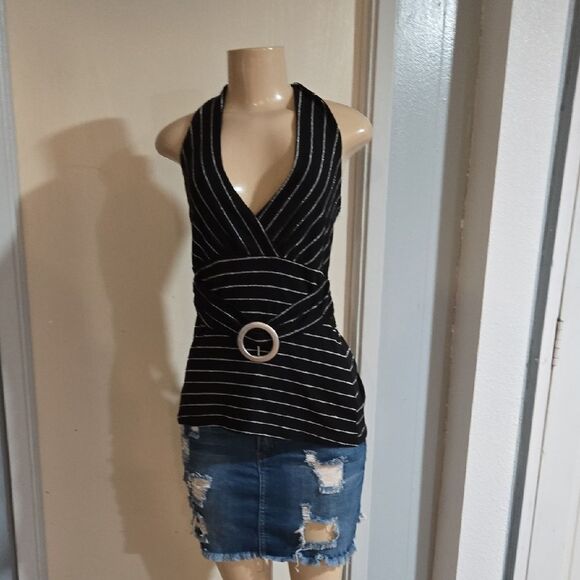 Black and White Striped Halter Top Med - Picture 1 of 7